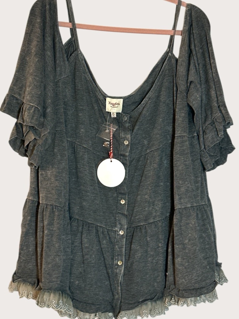 Hayden Charcoal Gray Ruffle Sleeve Button Front Blouse